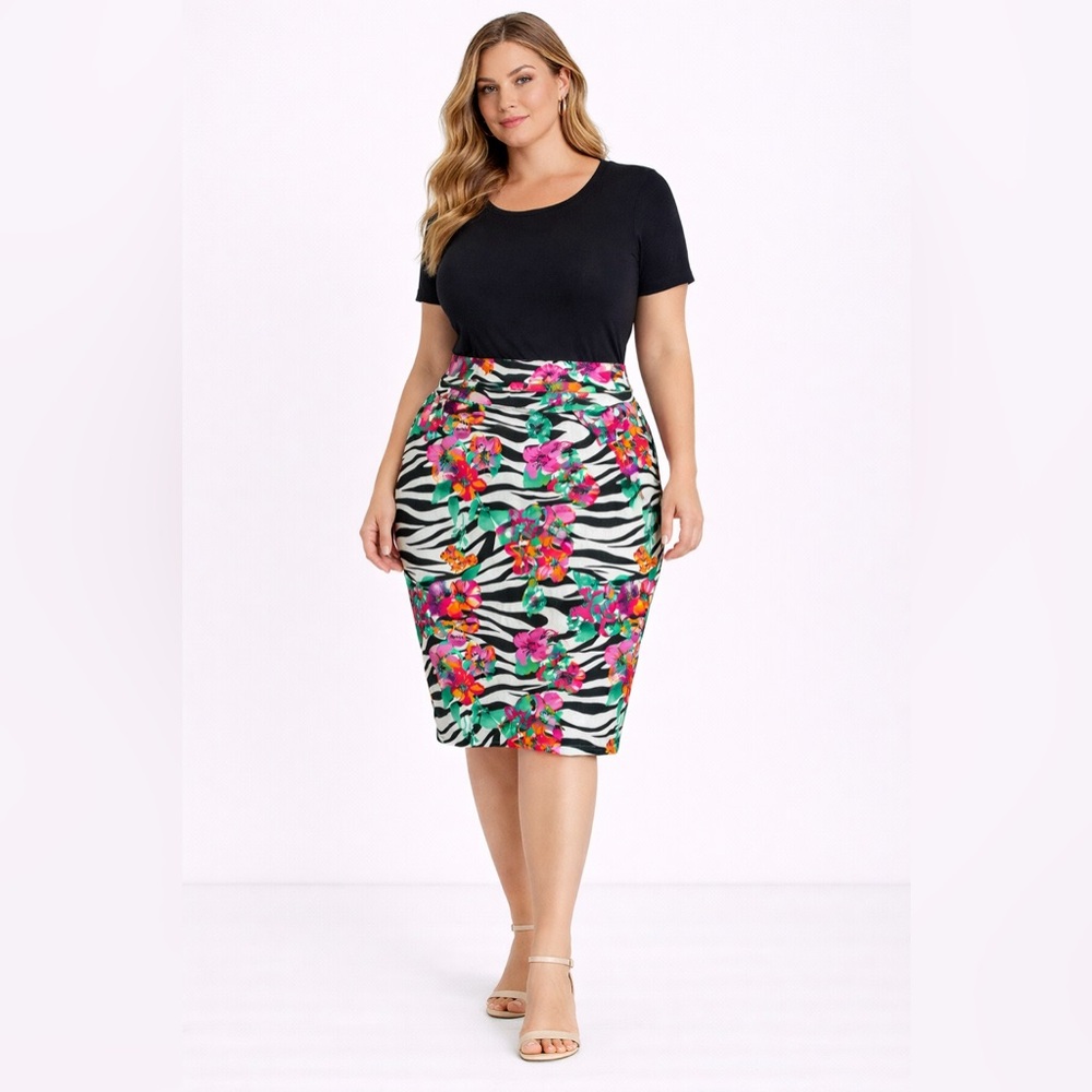 Torrid Size 1X Floral Zebra Print Pencil Skirt Knee Length Stretch